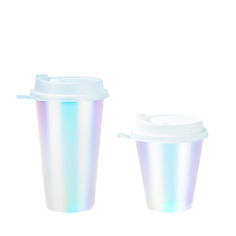 Logotipo personalizado IML Tazas de café moldeadas por inyección Tazas de bebidas de plástico con película de arco iris, desechables