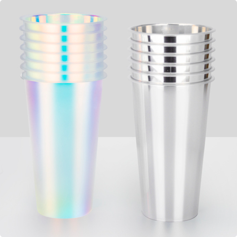 Logotipo personalizado IML Tazas de café moldeadas por inyección Tazas de bebidas de plástico con película de arco iris, desechables