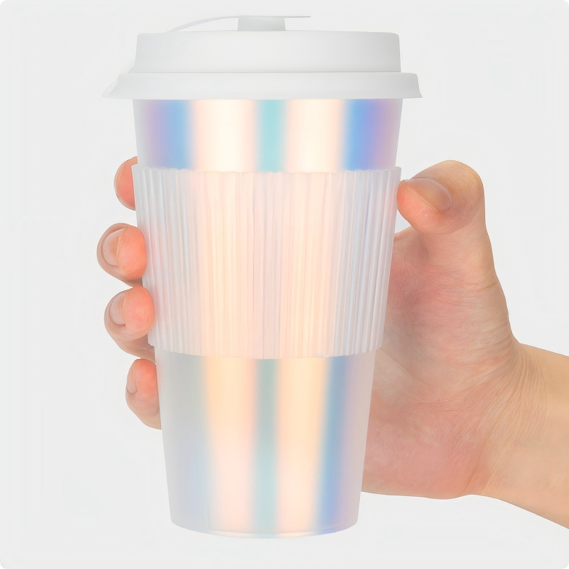 Logotipo personalizado IML Tazas de café moldeadas por inyección Tazas de bebidas de plástico con película de arco iris, desechables