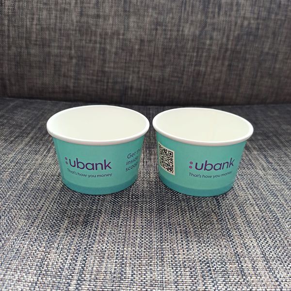 Tazas de helado desechables con tapas Contenedores de postre congelado de papel / PP impreso a medida para helados, yogur y comida para llevarTazas de helado desechables con tapas