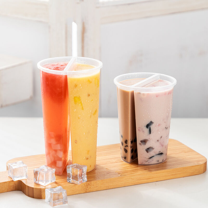 Vaso Compartido Doble de 95 mm para Venta al por Mayor – Vaso de Plástico Doble con Tapa para Té de Burbujas, Jugos y Bebidas Mixtas