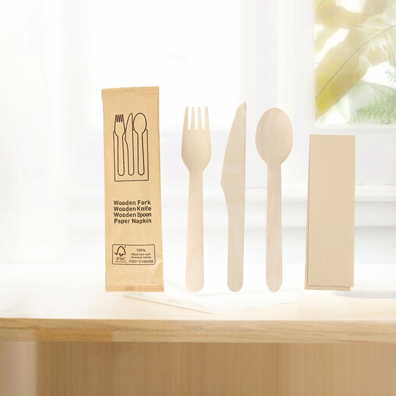 160mm Biodegradable Wooden Cutlery Set – Disposable Knife Fork Spoon & Napkin Kit, 250 Sets/Bulk Pack for Party & Event